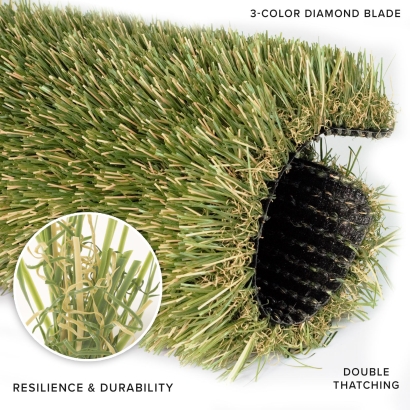 Natural Blade artificial grass. Double Thatching Layer. 3-color diamond blade. Resilience and durability.